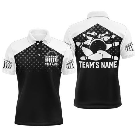 Black&White Bowling Polo Shirt, Custom Name&Team Name Bowling Shirt Men, Funny Bowling Jersey BDT18