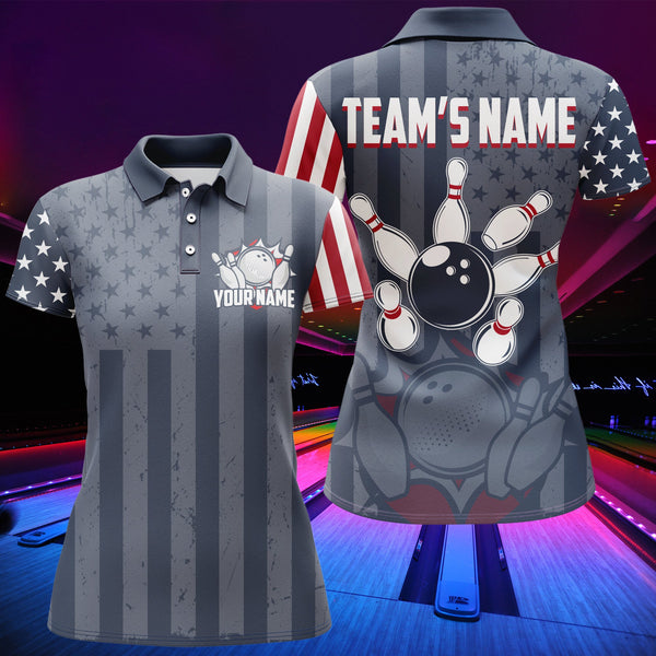 Custom Bowling Shirt Women American Flag Bowling Polo Shirt for Team Patriotic Navy Bowling Jersey BDT20