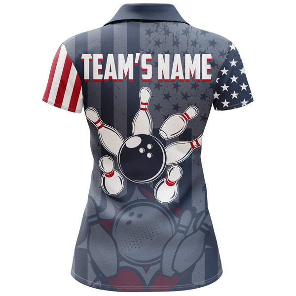 Custom Bowling Shirt Women American Flag Bowling Polo Shirt for Team Patriotic Navy Bowling Jersey BDT20