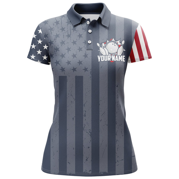 Custom Bowling Shirt Women American Flag Bowling Polo Shirt for Team Patriotic Navy Bowling Jersey BDT20