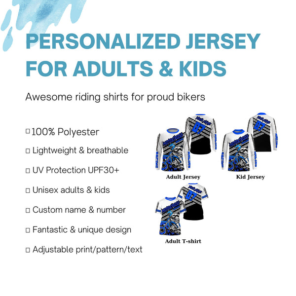 Personalized blue motocross kid men women jersey UPF30+ extreme off-road motorcycle shirt biker PDT414