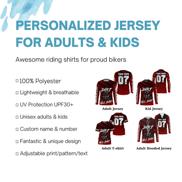 Custom MX racing jersey red Dirt All Day UPF30+ men women kid extreme biker motorcycle shirt PDT87