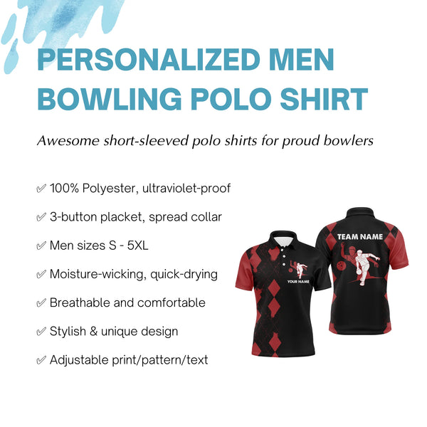 Men Bowling Polo Shirt Personalized Name, Red&Black Bowler Team Jersey for Bowling Lovers NBP22