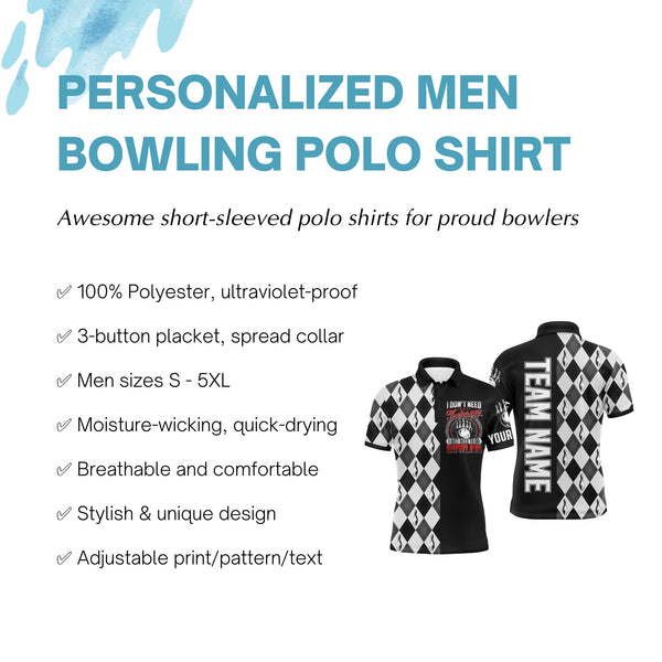 Personalized Bowling Men Polo Shirt Black & White Argyle Bowlers Custom Team Short Sleeves Jersey NBP17