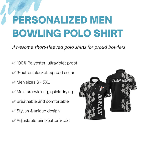 Personalized Men Bowling Polo Shirt, Custom Name Argyle Pattern Bowler Team Jersey NBP23