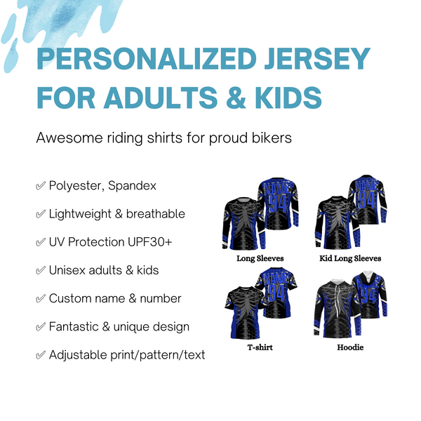 Personalized Racing Jersey UPF30+, Cool Bone Motorcycle Motocross Off-Road Riders Racewear - Blue| NMS625