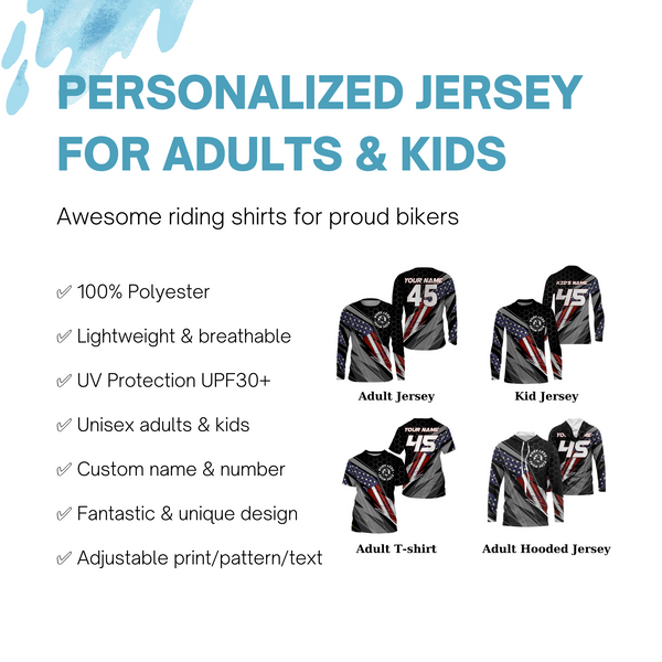 Custom logo Motocross racing jersey UPF30+ Patriotic Work Less Ride More dirtbike rider motorcycle NMS1011