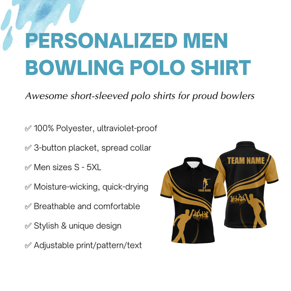 Personalized Bowling Men Polo Shirt Black and Gold Men Bowlers Custom Team Short Sleeves Jersey NBP13