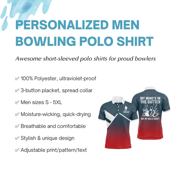 Funny Men Bowling Polo Shirt Personalized My Mind's in The Gutter Bowlers Jersey Short Sleeves NBP27