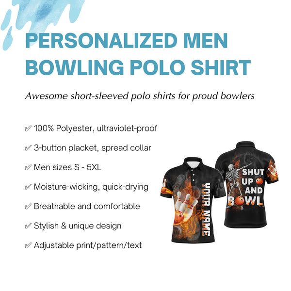 Shut Up and Bowl - Funny Bowling Polo Shirt Men Personalized Flame Skull Bowler Jersey NBP19