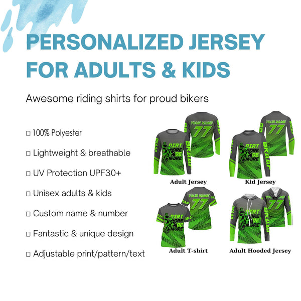 Kid adult custom motocross jersey green UPF30+ dirt bike MX racing Dirt More Ride More off-road NMS976