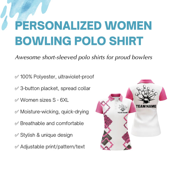 Personalized Women Bowling Polo Shirt Pink Leopard Girl Short Sleeve Team Female Bowlers Jersey NBP07