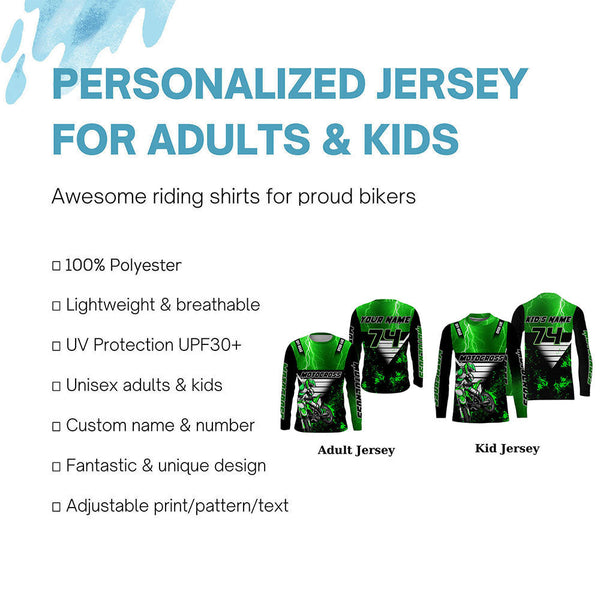 Custom Dirt Bike Jersey Kid Adult UPF30+ Green Motocross Off-Road Shirt MX Racing PDT457