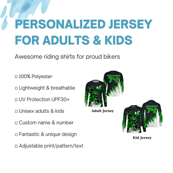 Green Motocross Racing Jersey Men Women Youth UPF30+ Custom Dirt Bike Shirt Off-Road Long Sleeve MX PDT447