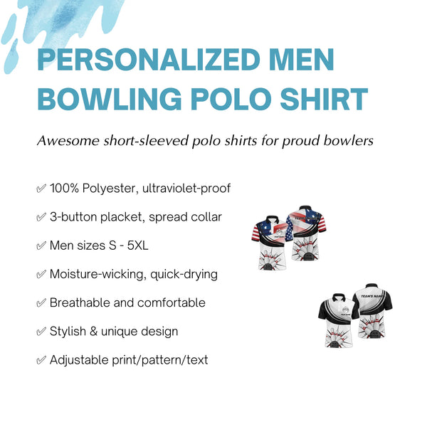 Personalized Men Bowling Polo Shirt, American Flag Bowling Short Sleeve Men Bowlers Jersey NBP50