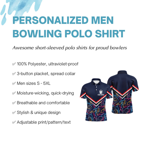 Custom Men Bowling Polo Shirt Navy Blue Bowling Pins and Ball Pattern Short Sleeve Men Bowlers NBP05