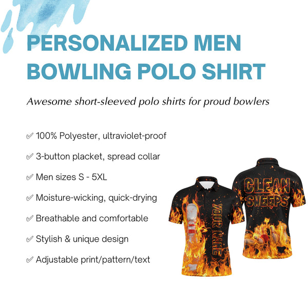 Flame Bowling Men Polo Shirt, Clean Sweeps Personalized Team Bowlers Jersey NBP80