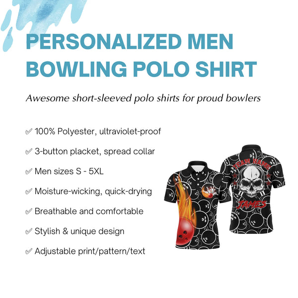 Personalized Men Flame Bowling Polo Shirt Cool Skull Pins Black Bowling Short Sleeve Men Bowlers NBP02