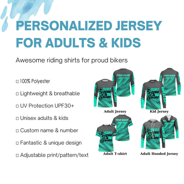 Kid adult custom motocross jersey turquoise blue UPF30+ dirt bike MX racing Dirt More Ride More NMS977