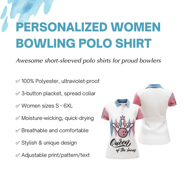 Personalized Women Bowling Polo Shirt, Queen of The Lanes, Short Sleeve Female Bowlers Jersey NBP30