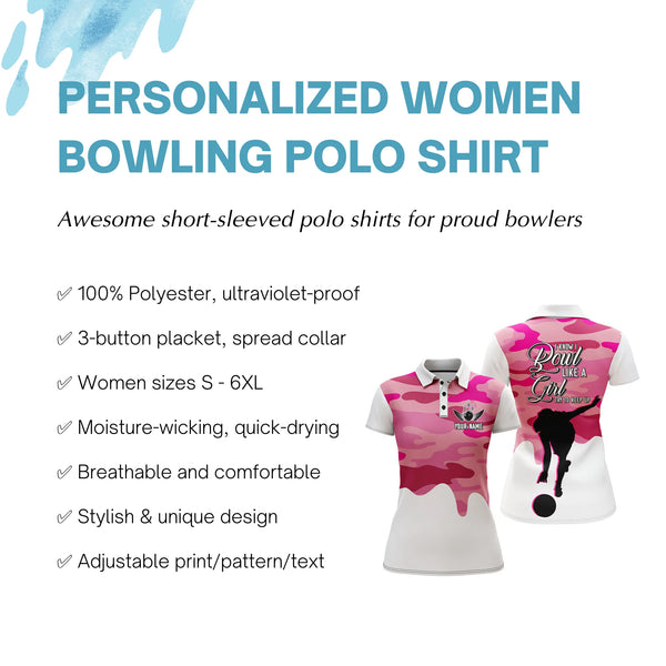 Bowling Girl Personalized Polo Shirt Women Bowling Pink Camo Jersey Short Sleeves Bowlers NBP42