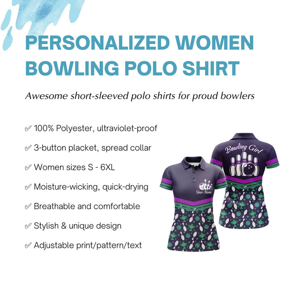 Women Bowling Polo Shirt Personalized, Bowling Girl Purple Bowlers Jersey Short Sleeves NBP34