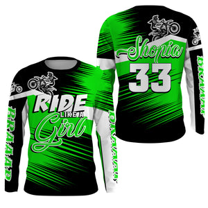 Ride Like A Girl Motocross Jersey Personalized UPF30+ Green Dirt Bike Riding Shirt Female Riders| NMS737