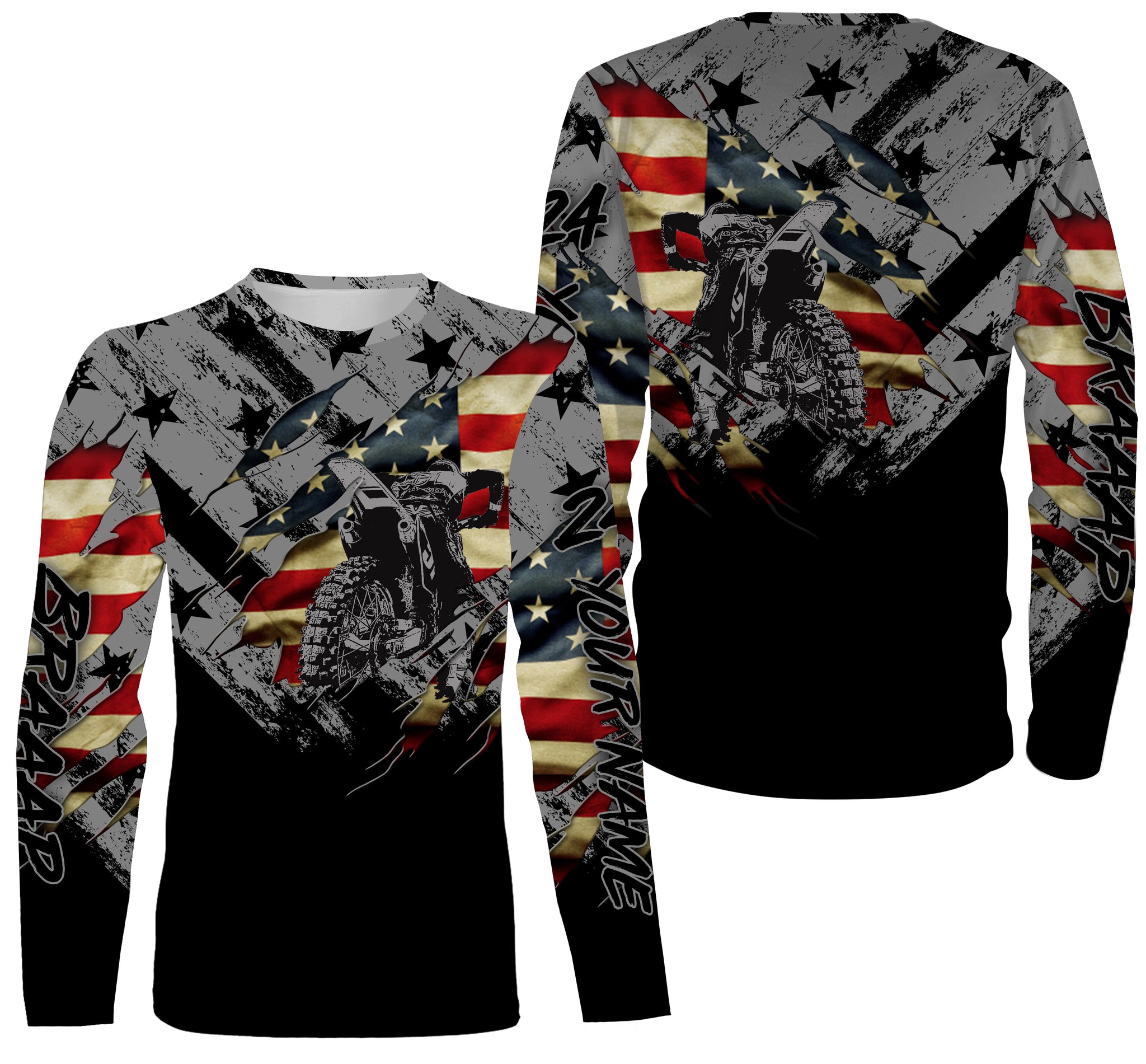 Dirt Bike American Flag Personalized Long Sleeves, Hoodie, Patriotic Braap Motocross Off-road Racing| NMS291