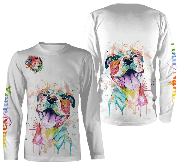 Watercolor Pitbull T-shirt Long Sleeve Hoodie| Custom Name Pitbull Terrier Lover Shirt| JTSD291