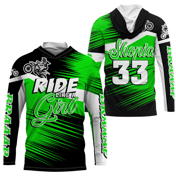 Ride Like A Girl Motocross Jersey Personalized UPF30+ Green Dirt Bike Riding Shirt Female Riders| NMS737