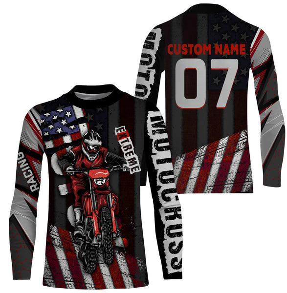 Personalized Motocross Jersey UPF30+, American Flag Dirt Bike Racing Shirt, Off-Road Rider Racewear| NMS400