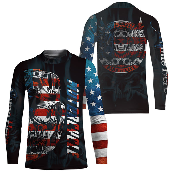 Patriotic Motorcycle Jersey UPF30+ Personalized Skull Biker Riding Shirt American Off-Road Jersey| NMS731