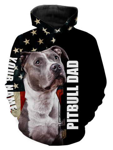 Pitbull Dad American Flag Hoodie Long Sleeve| Custom Name Pitbull Shirt for Pitbull Dad Pitbull Lover| JTSD283