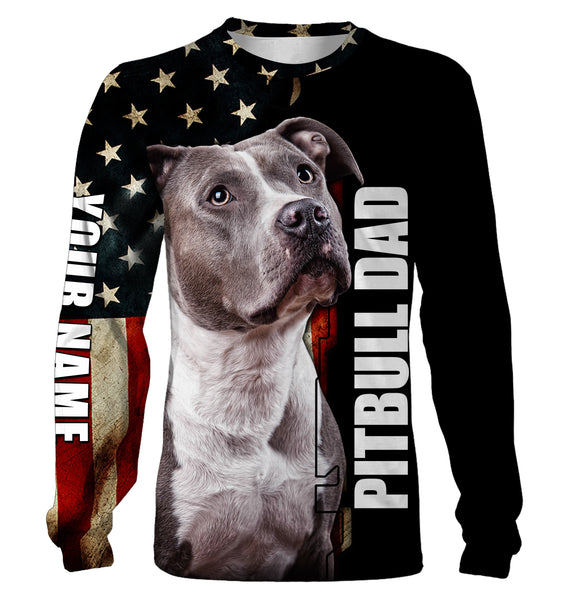 Pitbull Dad American Flag Hoodie Long Sleeve| Custom Name Pitbull Shirt for Pitbull Dad Pitbull Lover| JTSD283