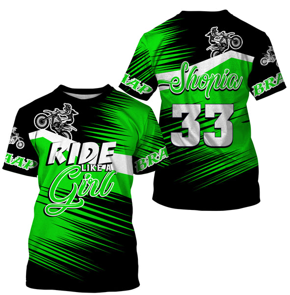 Ride Like A Girl Motocross Jersey Personalized UPF30+ Green Dirt Bike Riding Shirt Female Riders| NMS737