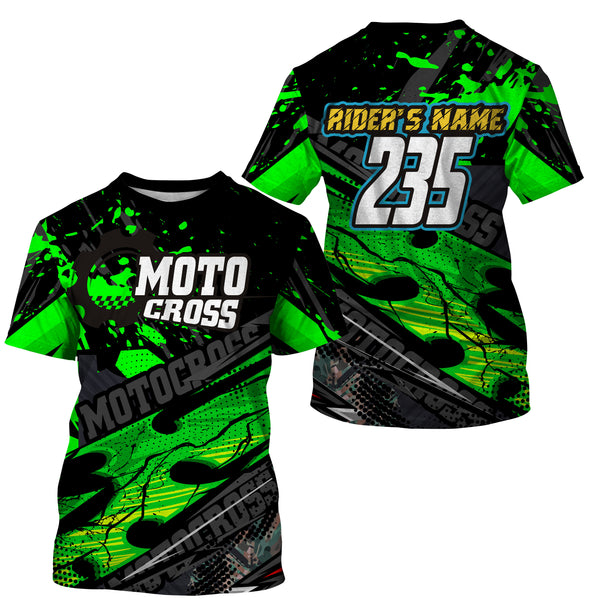 Personalized Motocross Jersey UPF30+, Motorcycle Green Dirt Bike Racing Shirt Off-Road Riders Racewear| NMS427