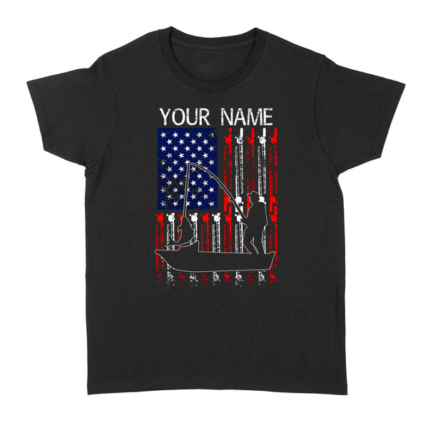 American flag 4th July fisherman kayak fishing custom name US fishing rod D05 NQS1244 - Standard Women's T-shirt