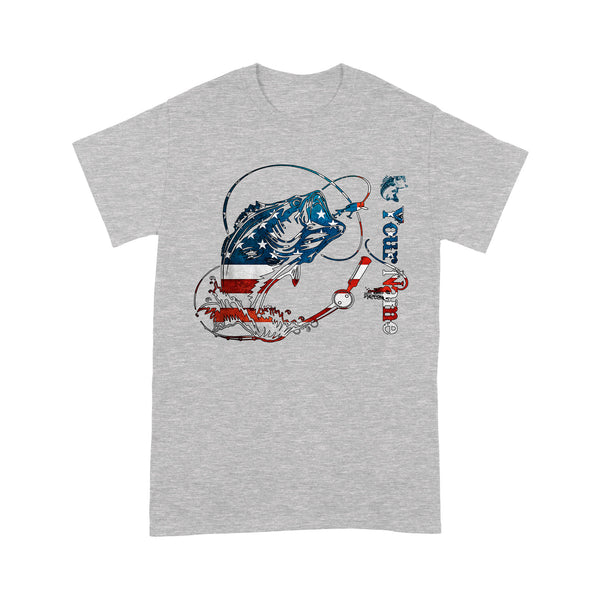 US Bass Fishing American Flag 4th July Custom name T-shirt D02 NQS1248