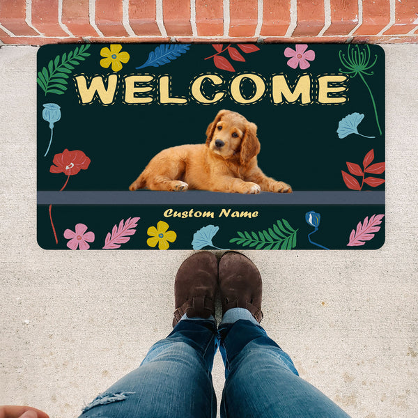 Personalized Dog Welcome Mat| Welcome Floral Dog Doormat Custom Gift for Dog Lover, Dog Owner| JDM61