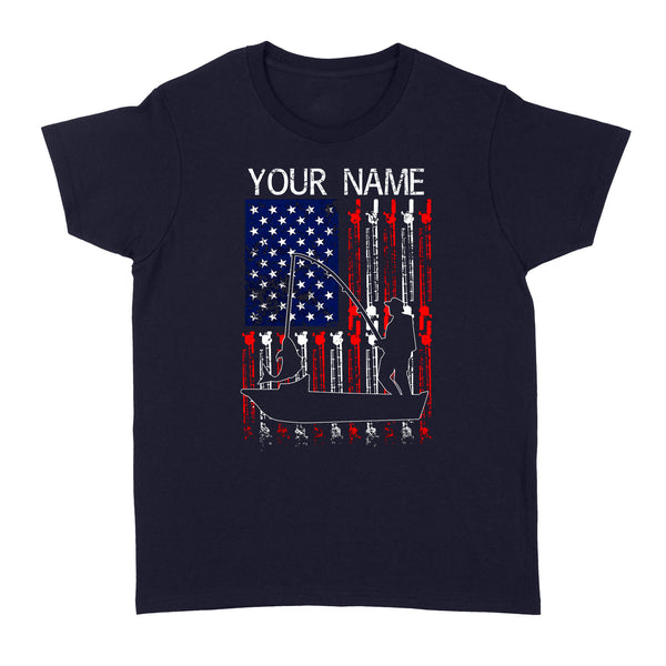 American flag 4th July fisherman kayak fishing custom name US fishing rod D05 NQS1244 - Standard Women's T-shirt