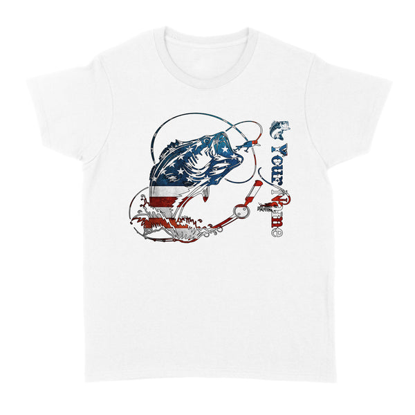 US Bass Fishing American Flag 4th July Custom name Women's T-shirt D02 NQS1248